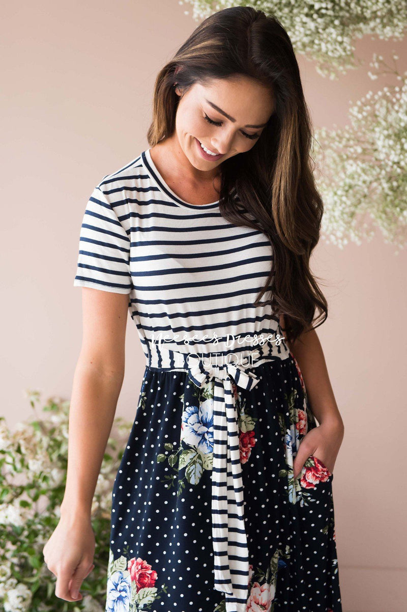 Navy Stripes/ Floral Polka Dot Modest Church Dress | Best and ...