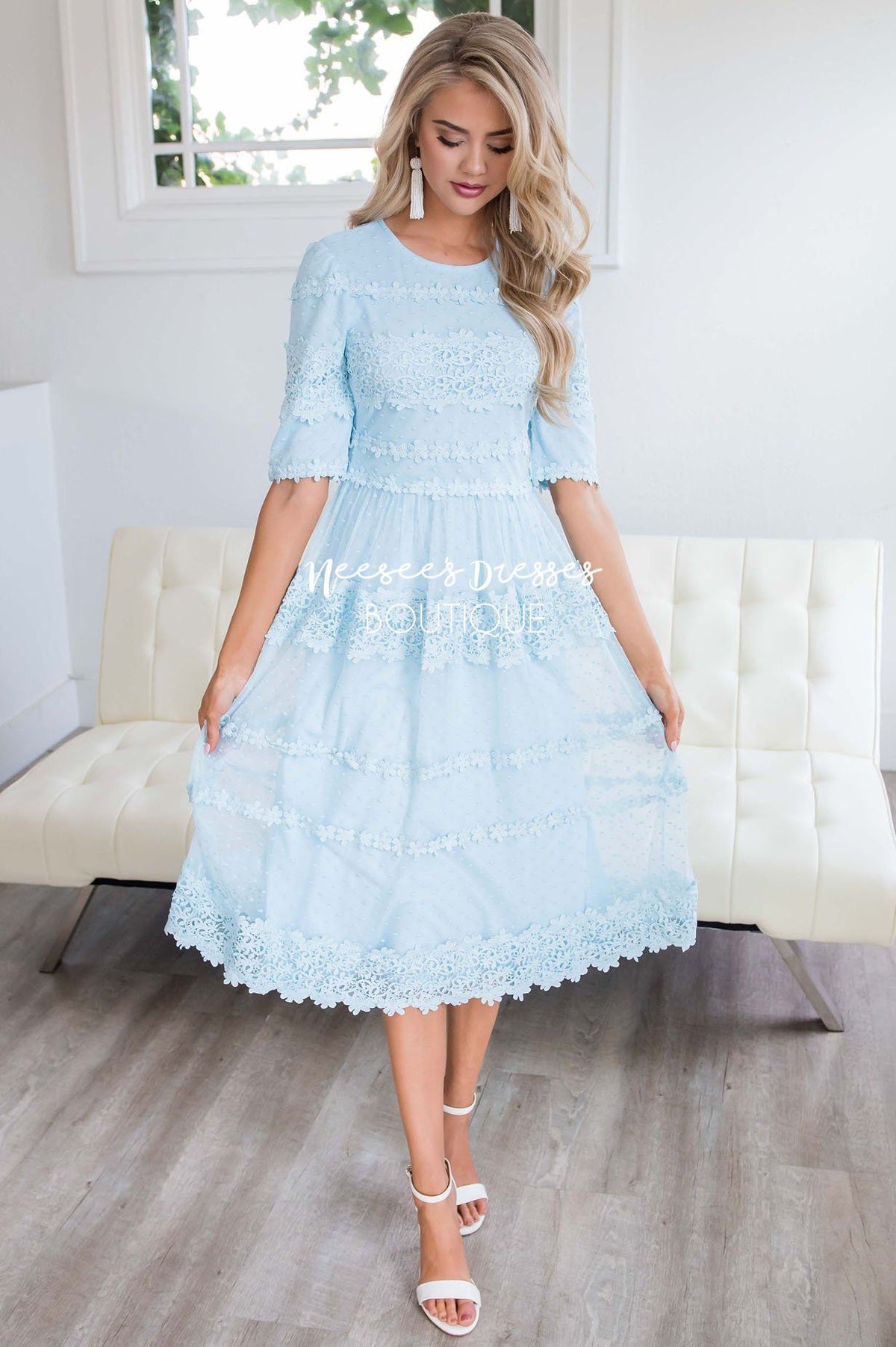 Baby Blue Floral Lace Modest Church Dress | Modest Bridesmaids Dresses ...