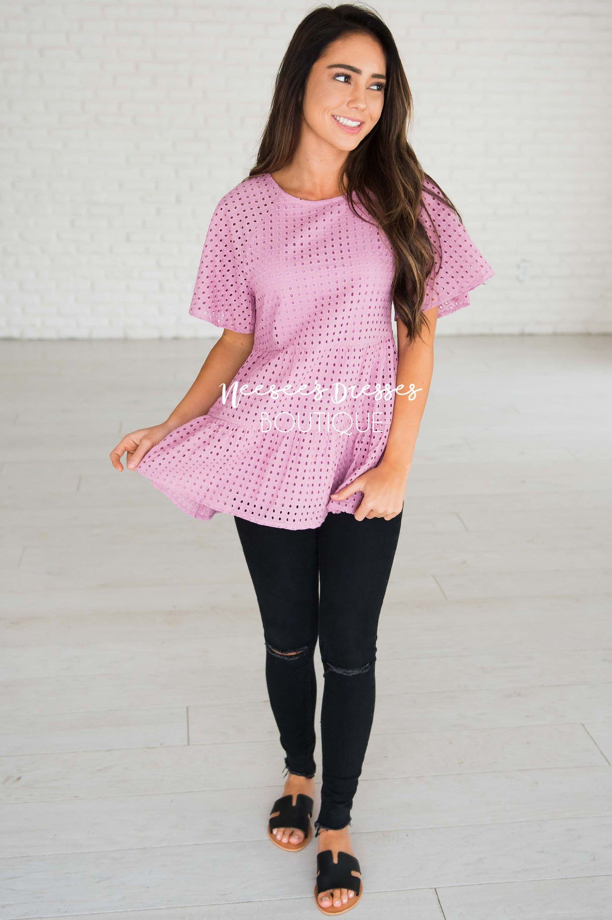 Escape The Ordinary Eyelet Top Modest Dresses vendor-unknown 