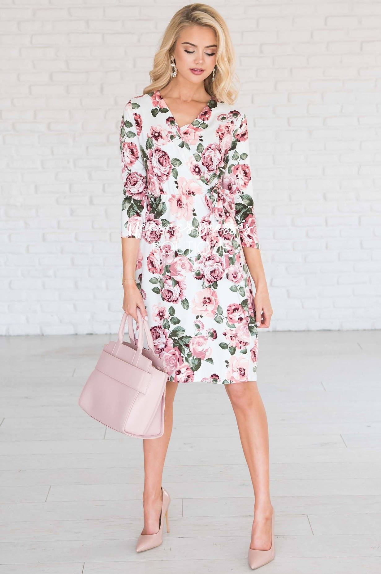 Pink Floral Wrap Modest Dresses vendor-unknown 