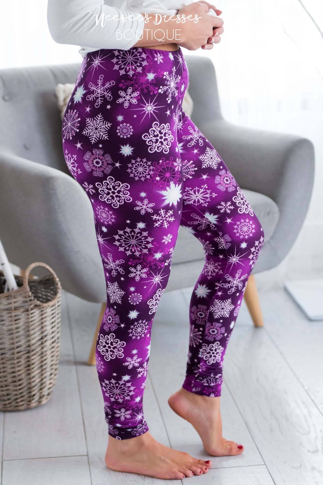 Purple Snowflake Christmas Leggings, Affordable Trendy and Modest Clothing