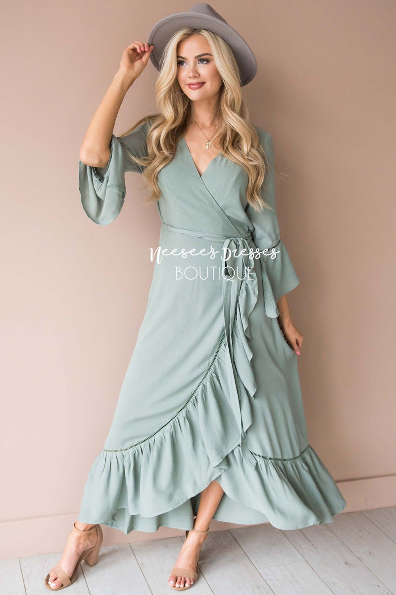 Sage Ruffle Wrap Modest Maxi Dress | Best Place To Buy Modest Dresses ...