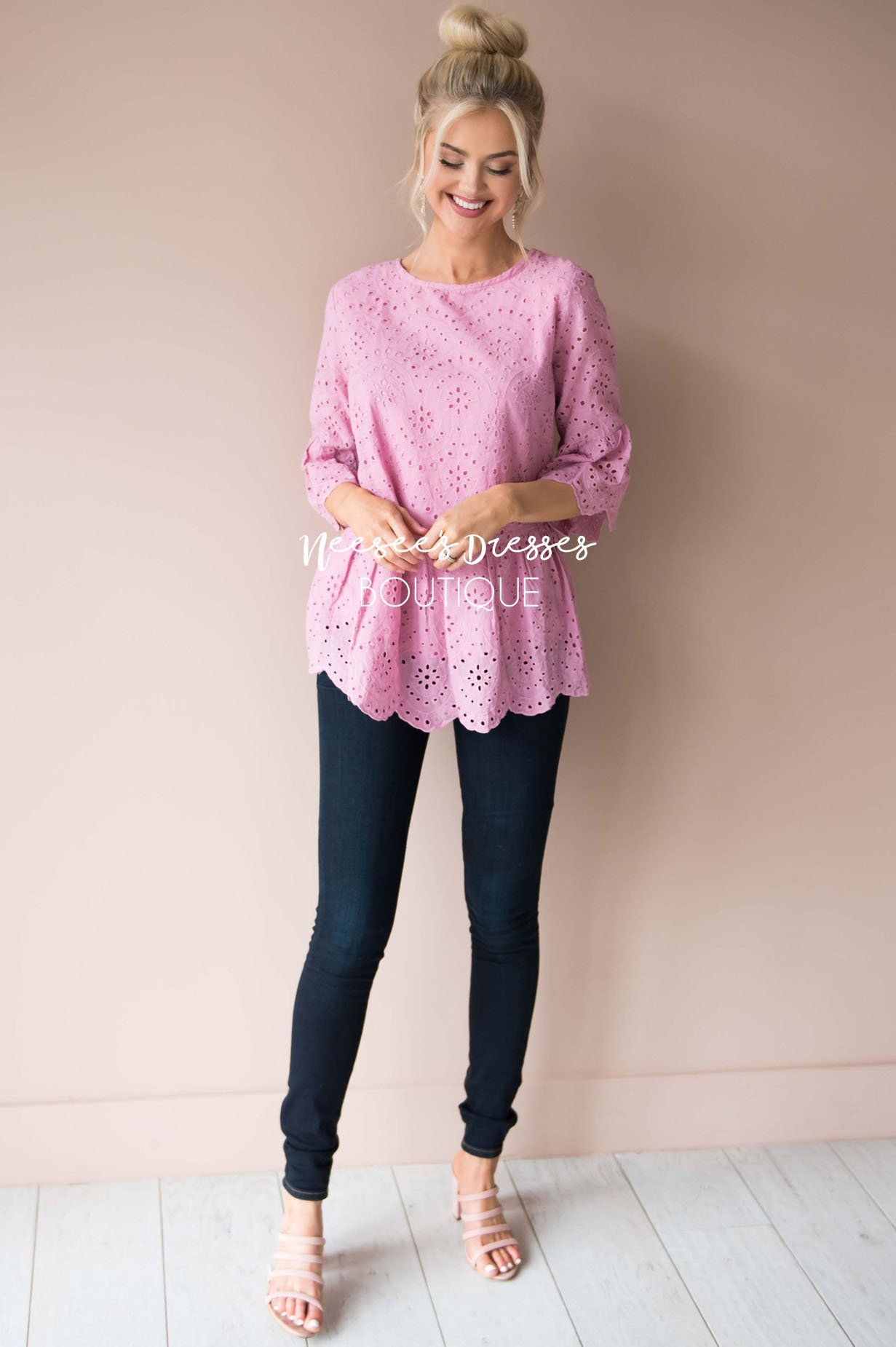 Spread The Love Scalloped Hem Eyelet Top Modest Dresses vendor-unknown 