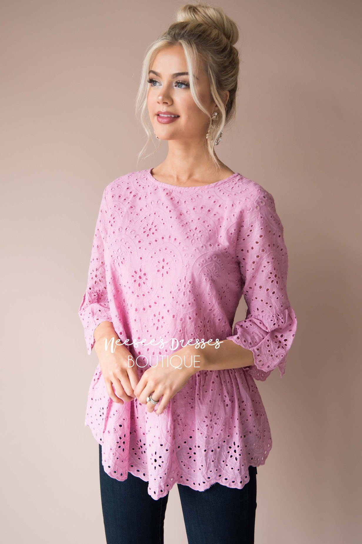 Spread The Love Scalloped Hem Eyelet Top Modest Dresses vendor-unknown 