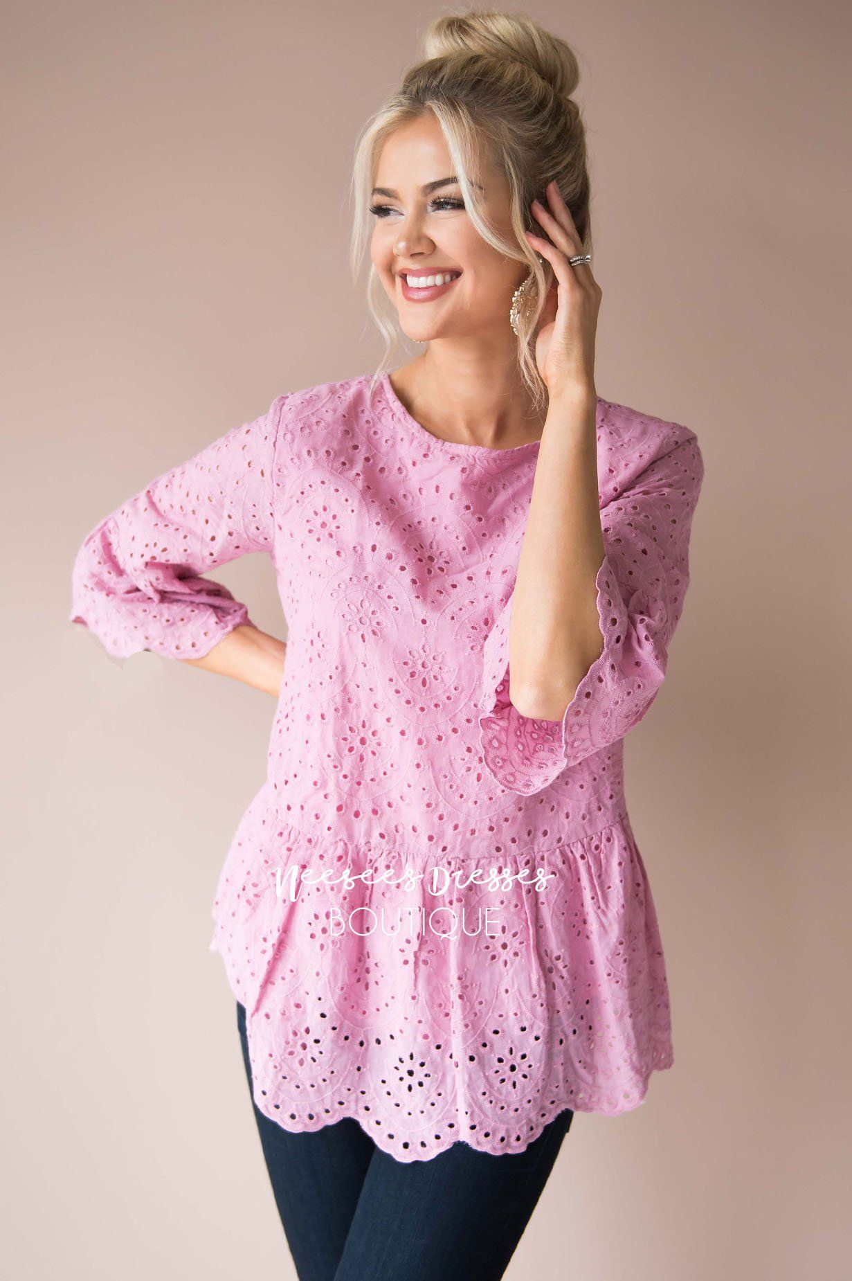 Spread The Love Scalloped Hem Eyelet Top Modest Dresses vendor-unknown 