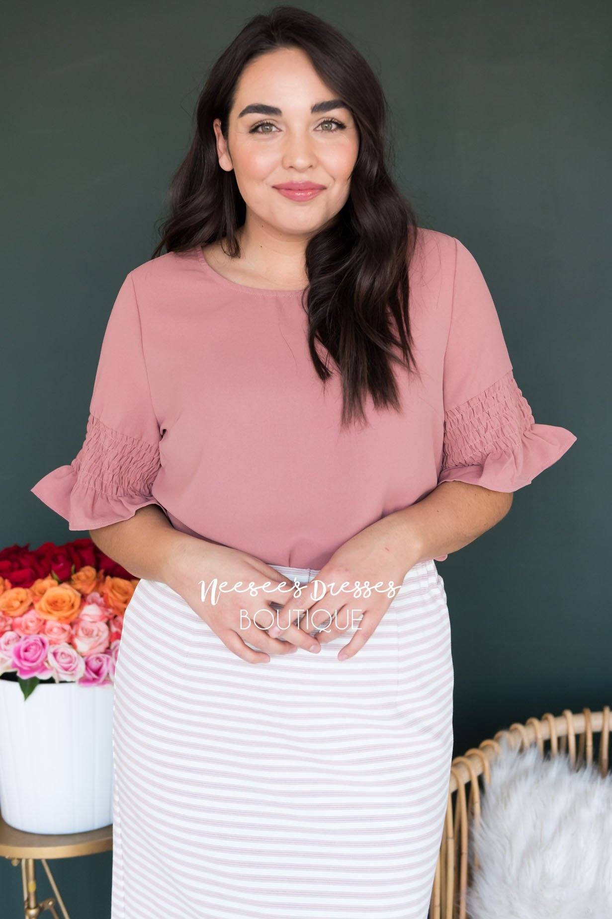 Something New Gathered Sleeve Top Modest Dresses vendor-unknown 