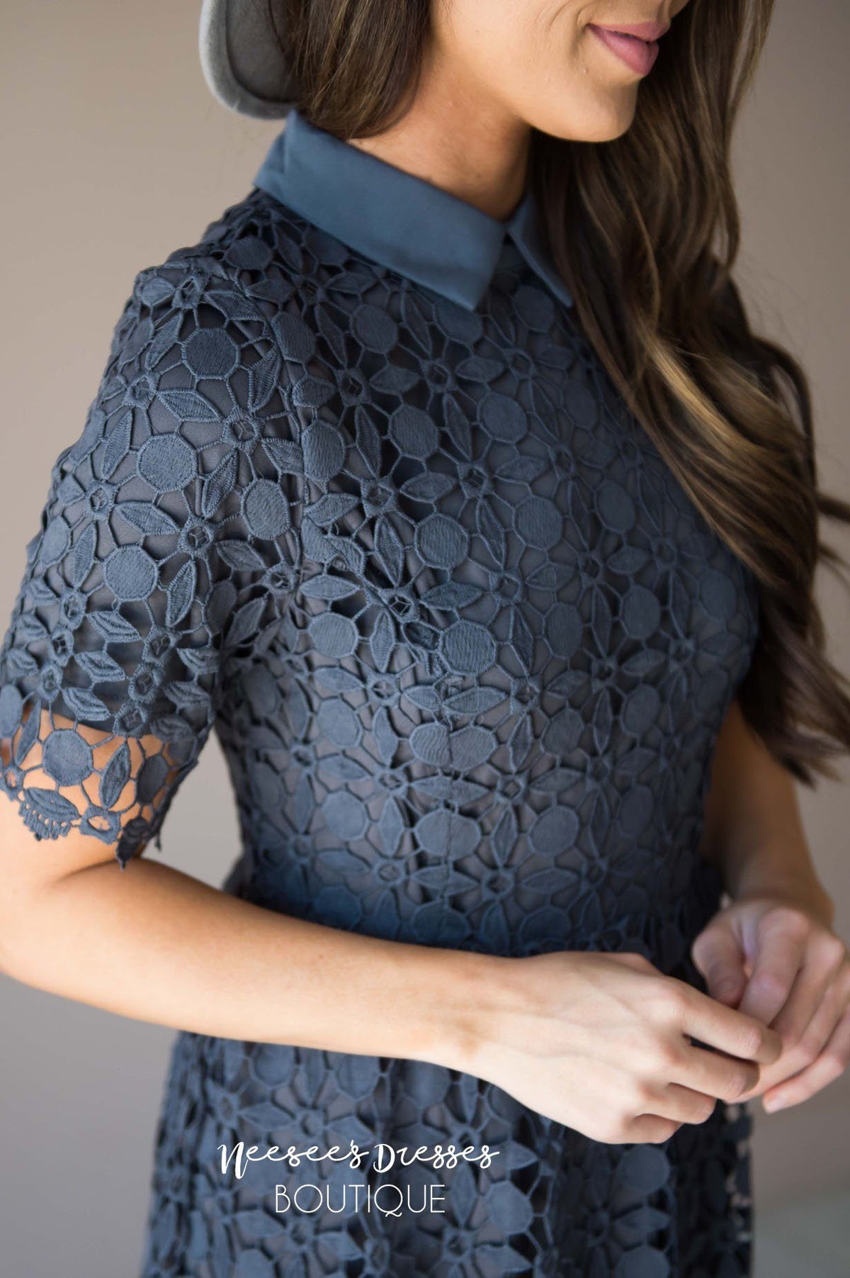 Charcoal High Collar Dress Modest Bridesmaids Dresses NeeSee's Dresses