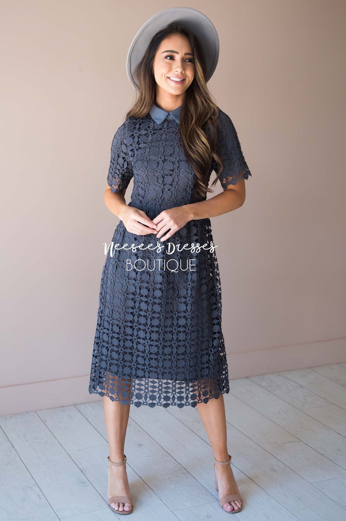 Charcoal High Collar Dress Modest Bridesmaids Dresses NeeSee's Dresses