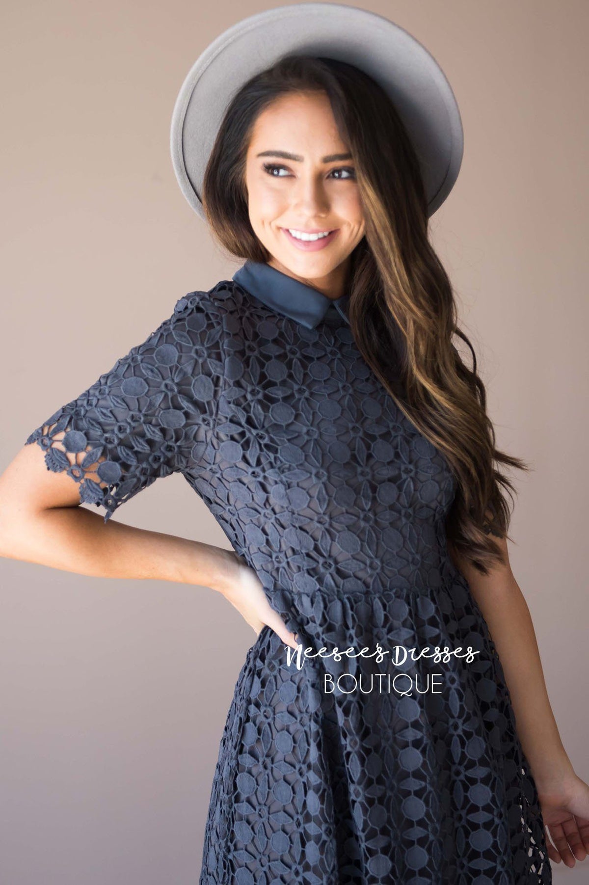 Charcoal High Collar Dress Modest Bridesmaids Dresses NeeSee's Dresses