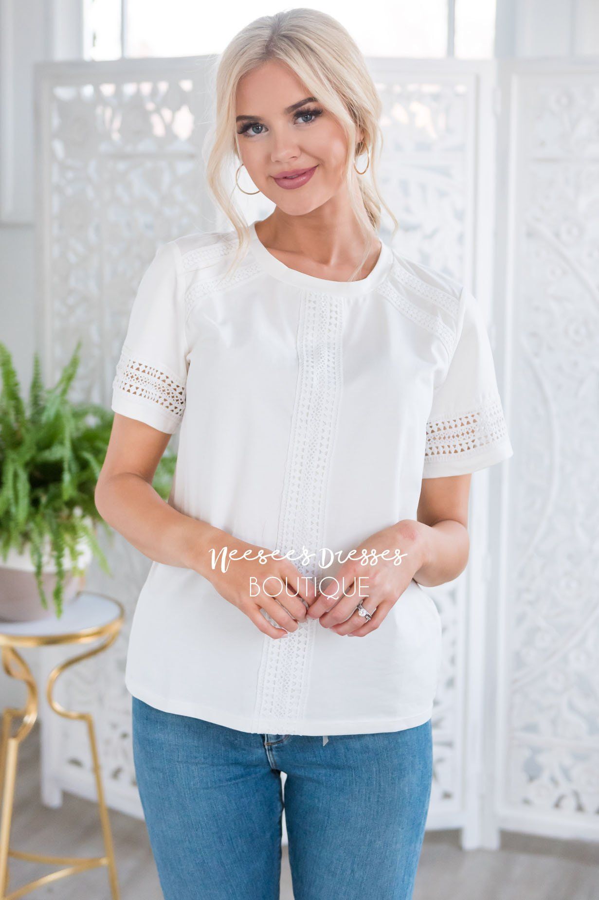 Charming Crochet Detail Blouse Tops vendor-unknown 