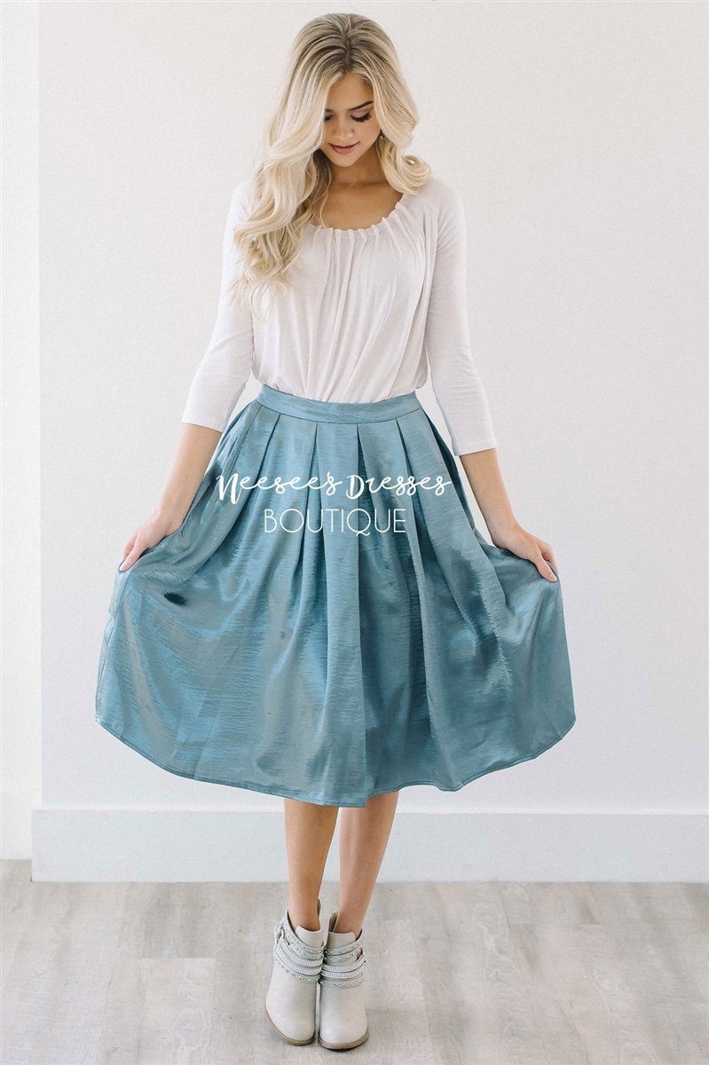 Shimmery Slate Blue Pleated Full Skirt Skirts vendor-unknown S Shimmer Blue Gray 