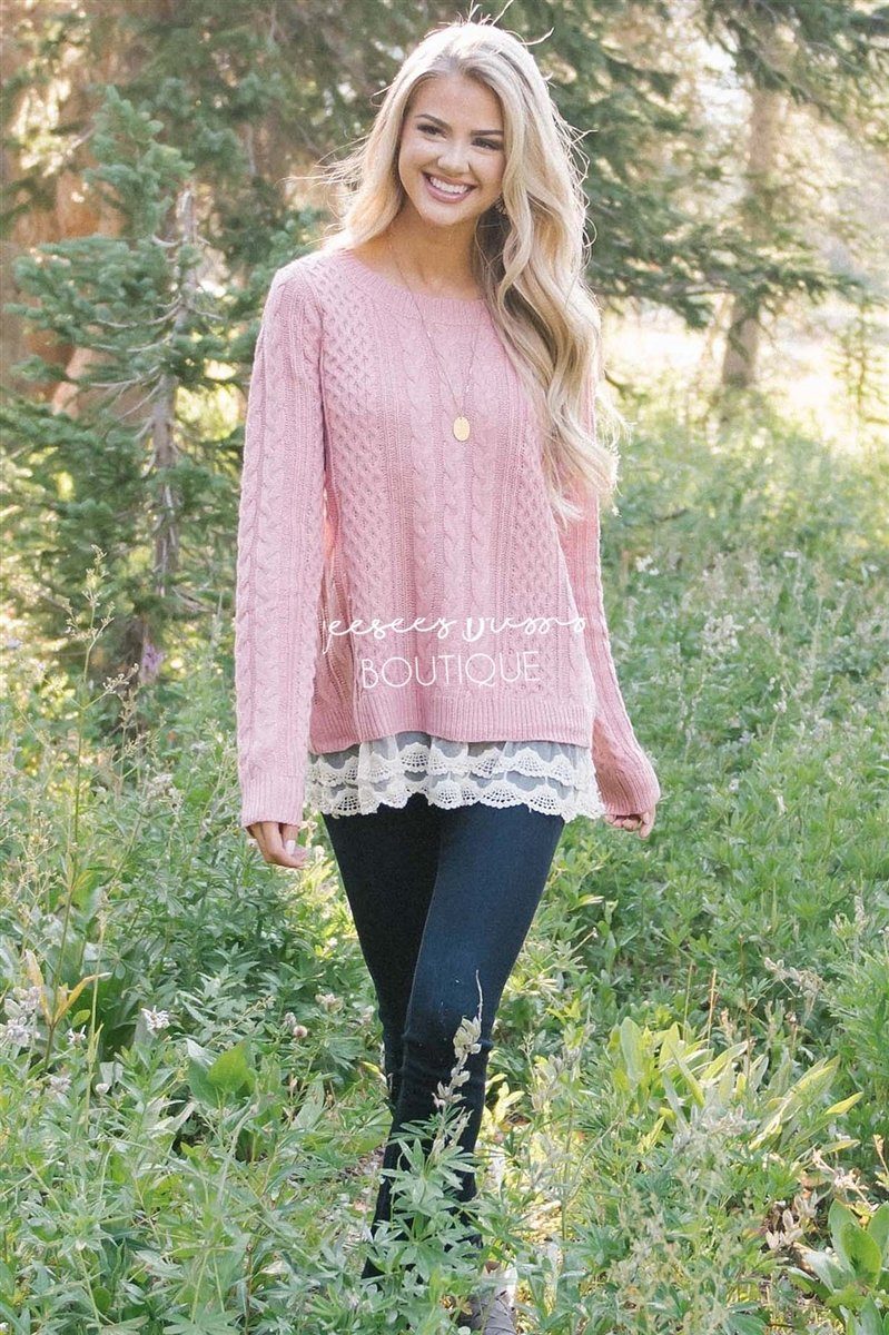 Scallop Lace Hem Cable Knit Sweater Tops vendor-unknown 