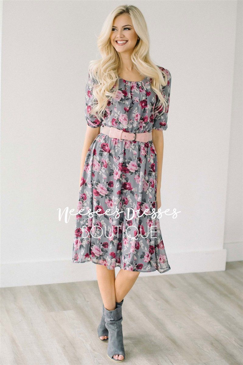 The Easton Floral Dress Modest Dresses vendor-unknown Gray XS 