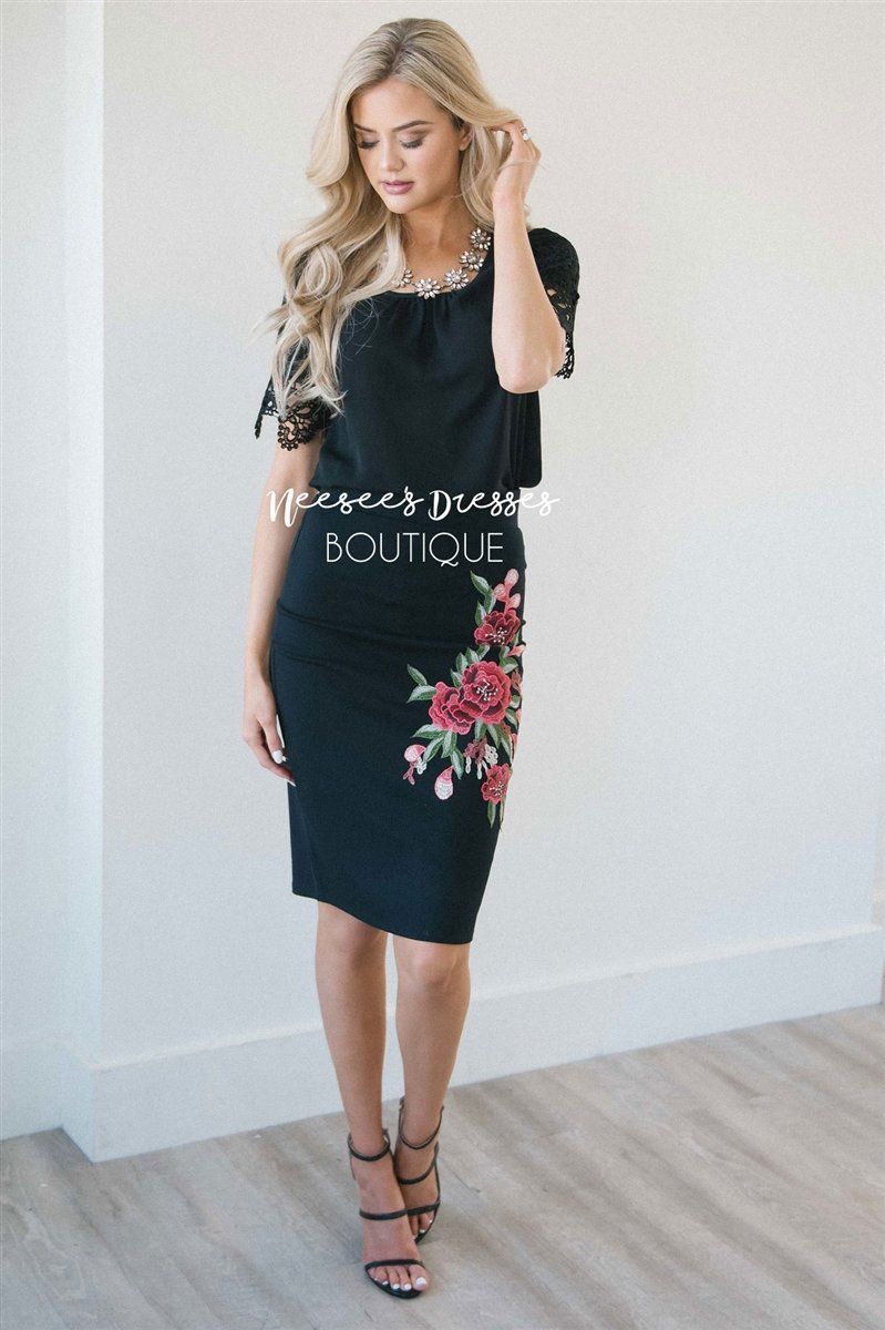 Black Rose Embroidered Pencil Skirt Skirts vendor-unknown 