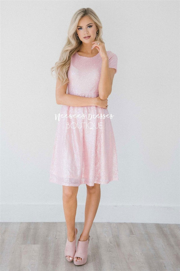 Blush Pink Sequin Modest Dress | Modest Bridesmaids Dresses | Sequin ...