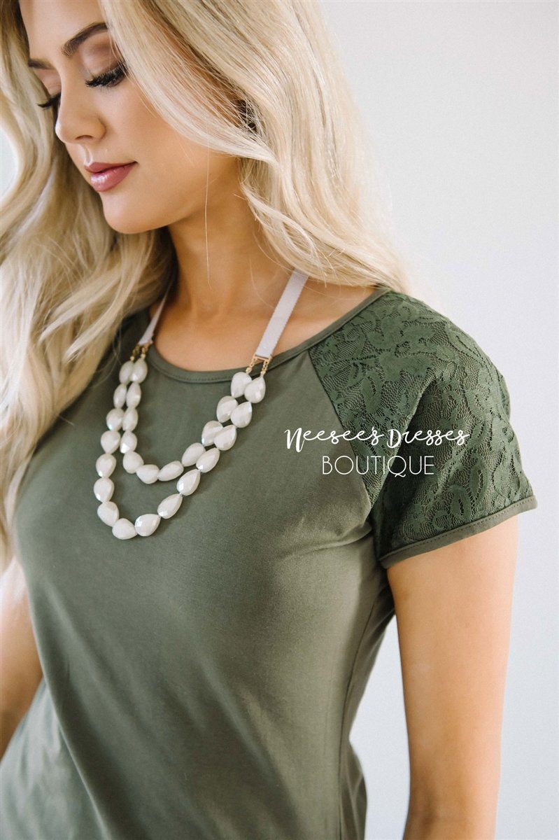 Olive Lace Sleeve Top Tops vendor-unknown 