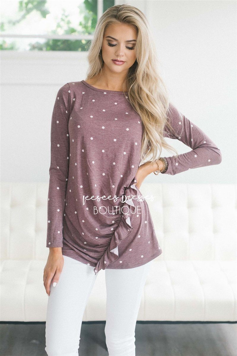 Polka Dot Ruffle Front Long Sleeve Top Tops vendor-unknown Dusty Burgundy Polka Dots S 