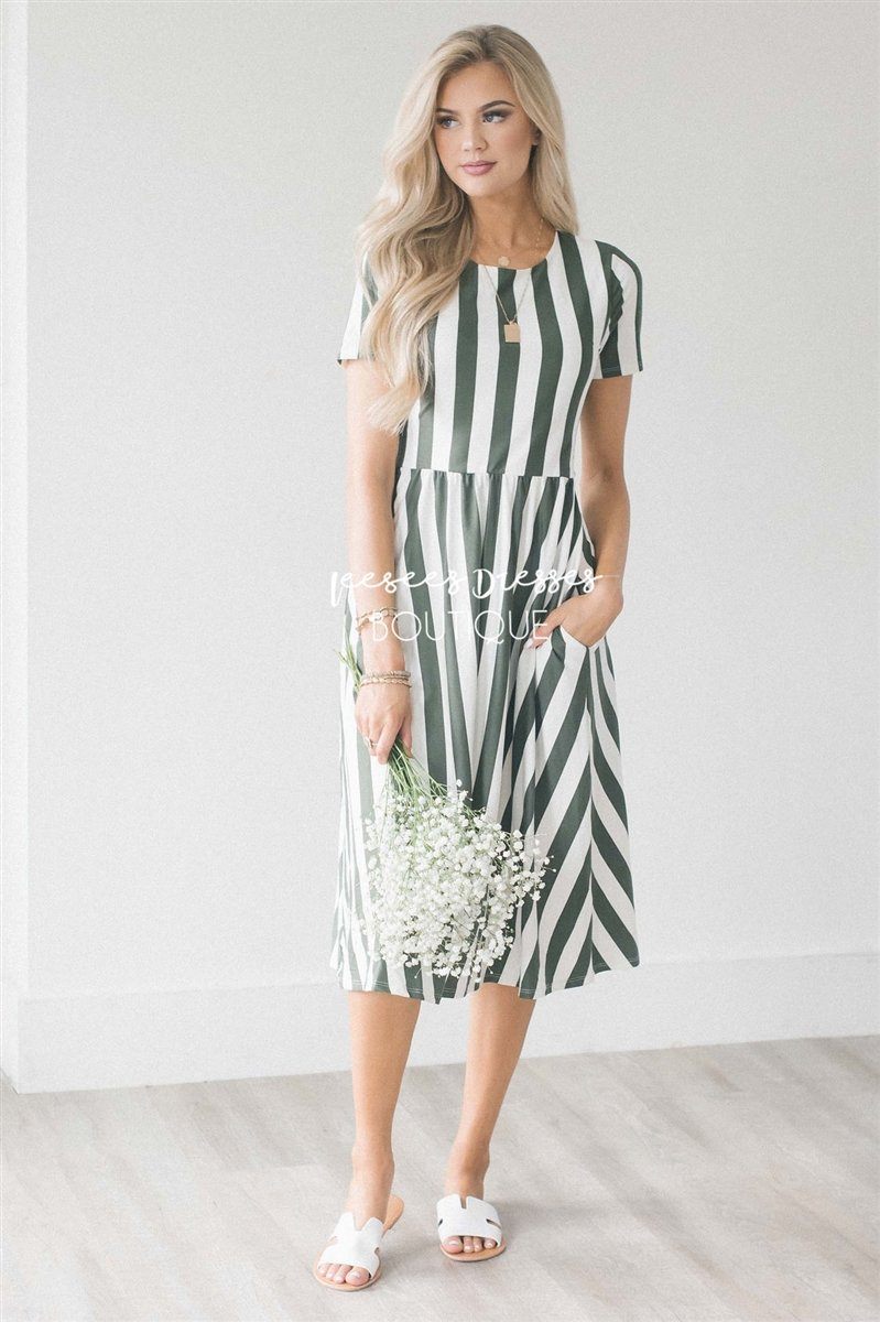 The Amy Modest Dresses vendor-unknown Olive & Ivory Stripes S 