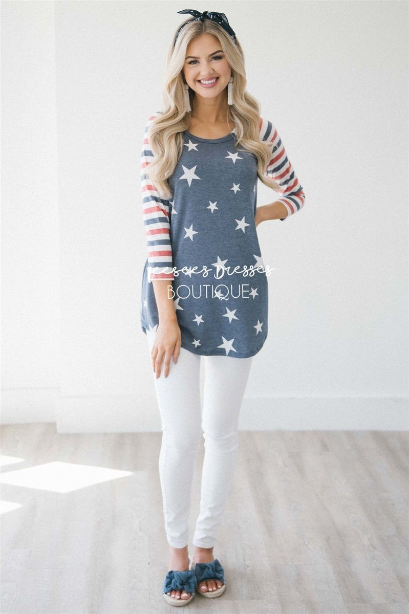 Stars & Stripes Baseball Sleeve Top Red White & Blue vendor-unknown S Dusty Navy/ Striped Sleeves 