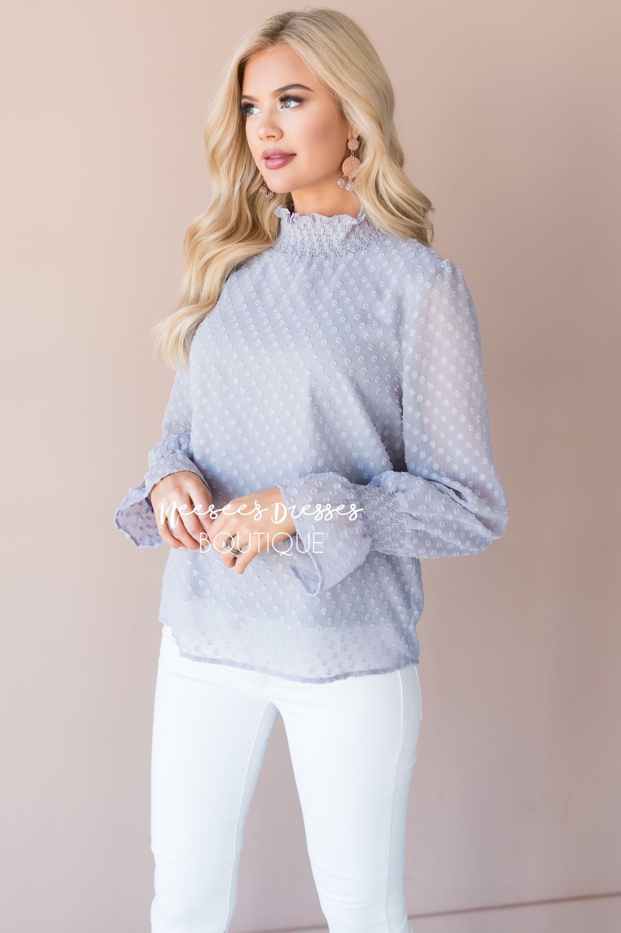 Admired Swiss Dot Modest Blouse Tops vendor-unknown 