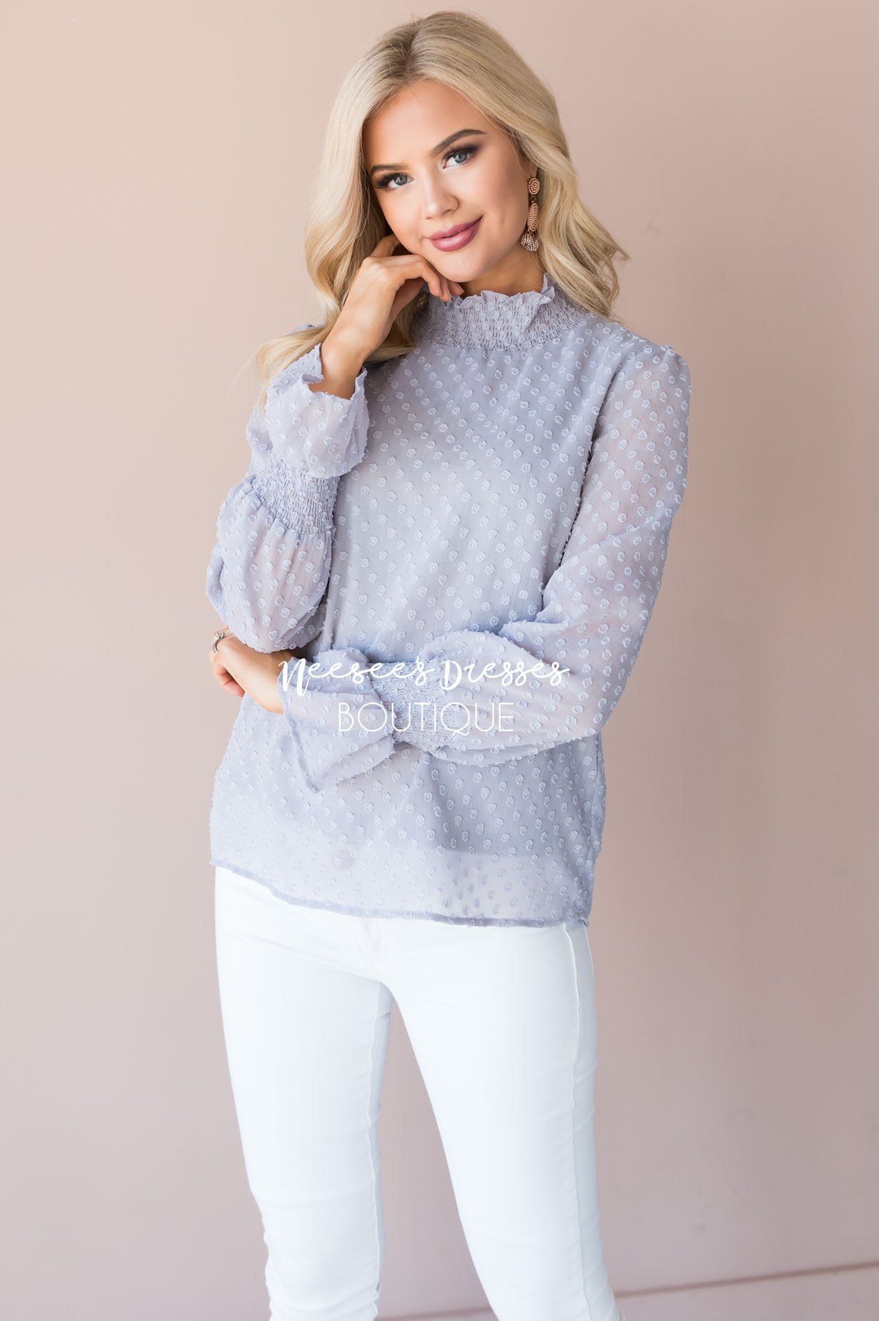 Admired Swiss Dot Modest Blouse Tops vendor-unknown 