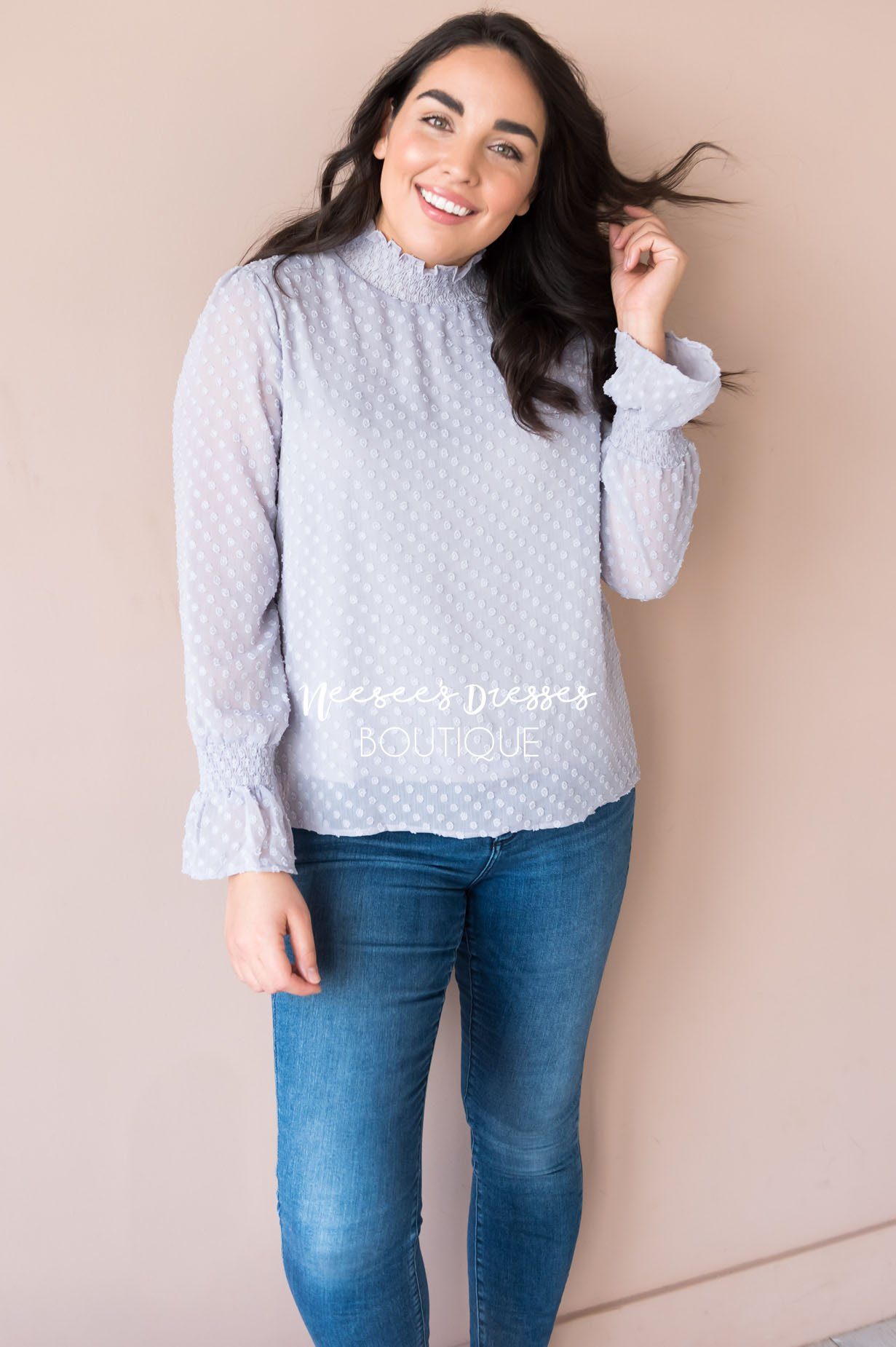 Admired Swiss Dot Modest Blouse Tops vendor-unknown 