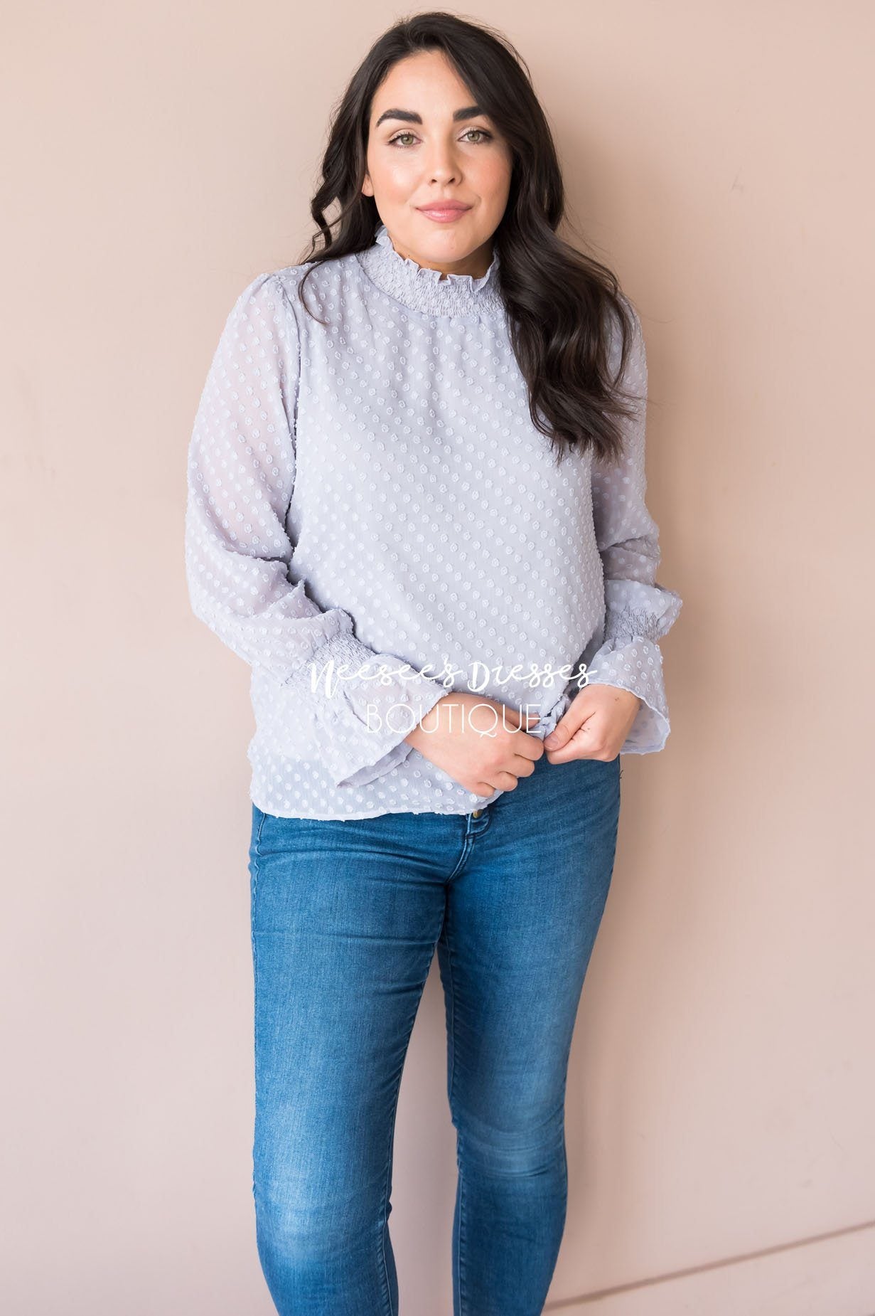 Admired Swiss Dot Modest Blouse Tops vendor-unknown 