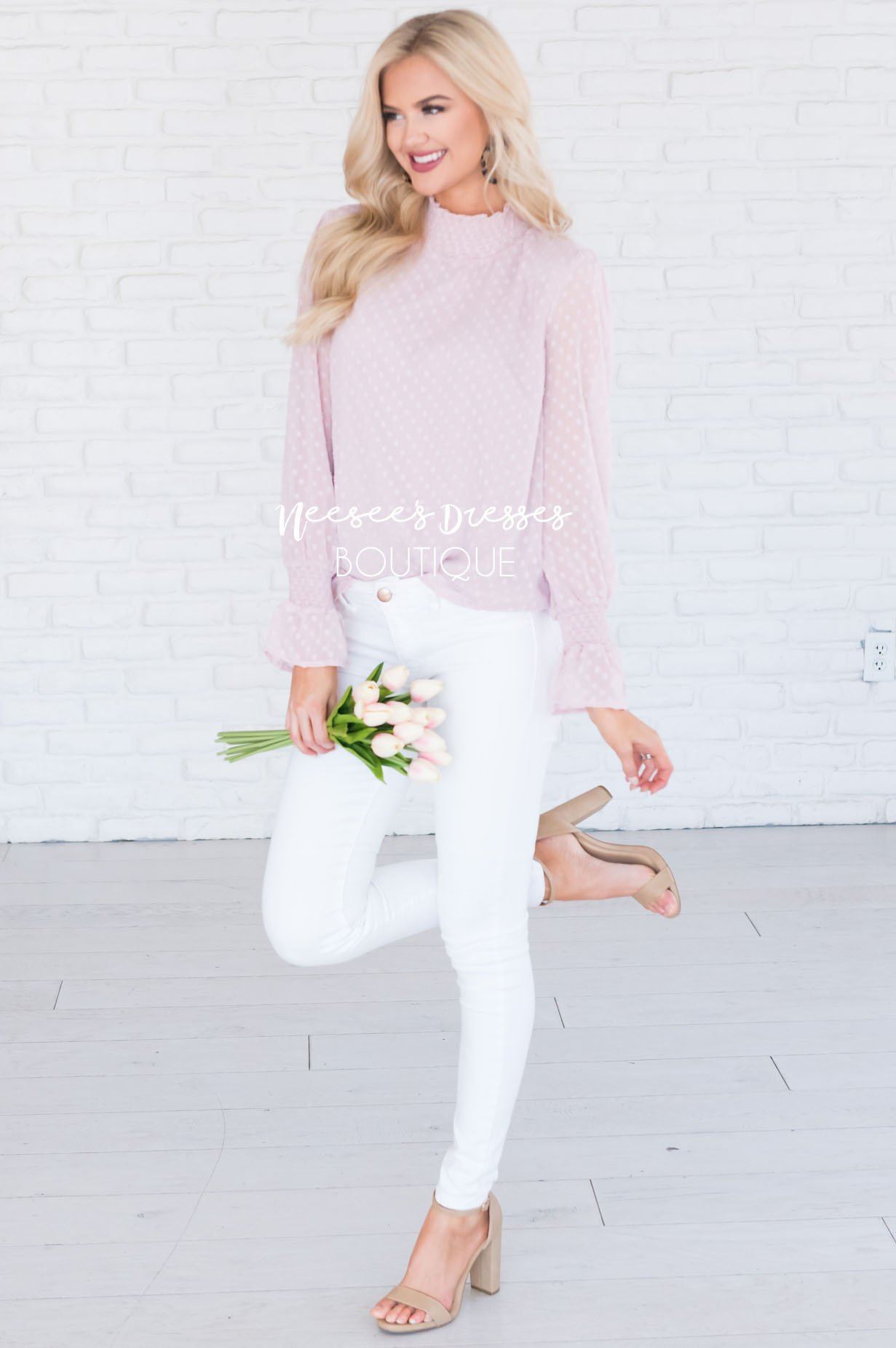 Admired Swiss Dot Modest Blouse Tops vendor-unknown 