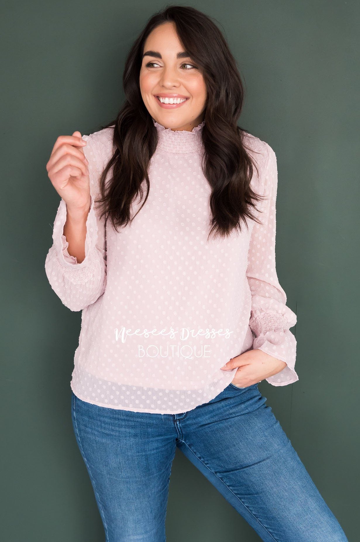 Admired Swiss Dot Modest Blouse Tops vendor-unknown 