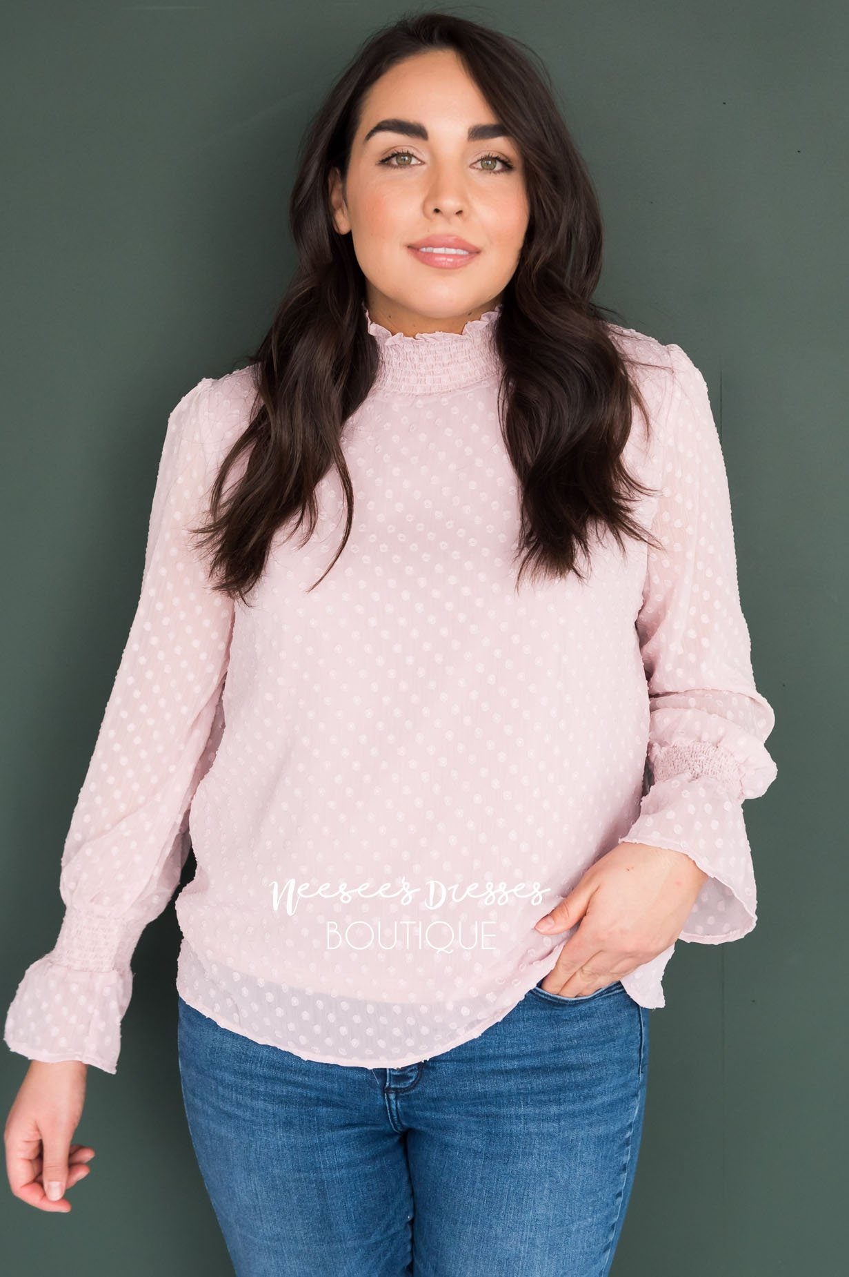 Admired Swiss Dot Modest Blouse Tops vendor-unknown 