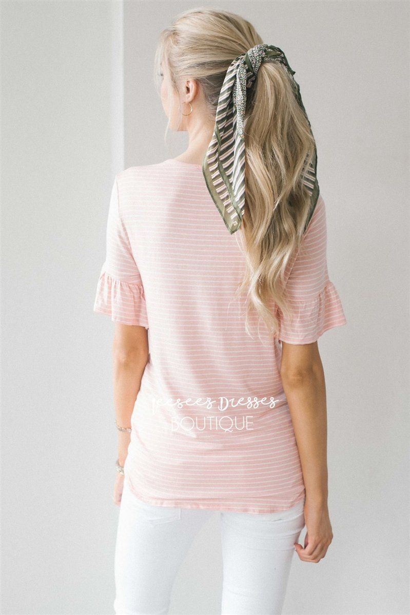 Striped Ruffle Sleeve & Tie Front Top Tops vendor-unknown 