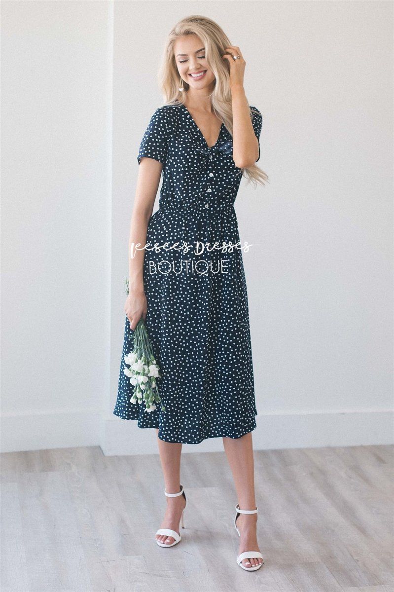 The Carmela Modest Dresses vendor-unknown S Navy Polka Dot 