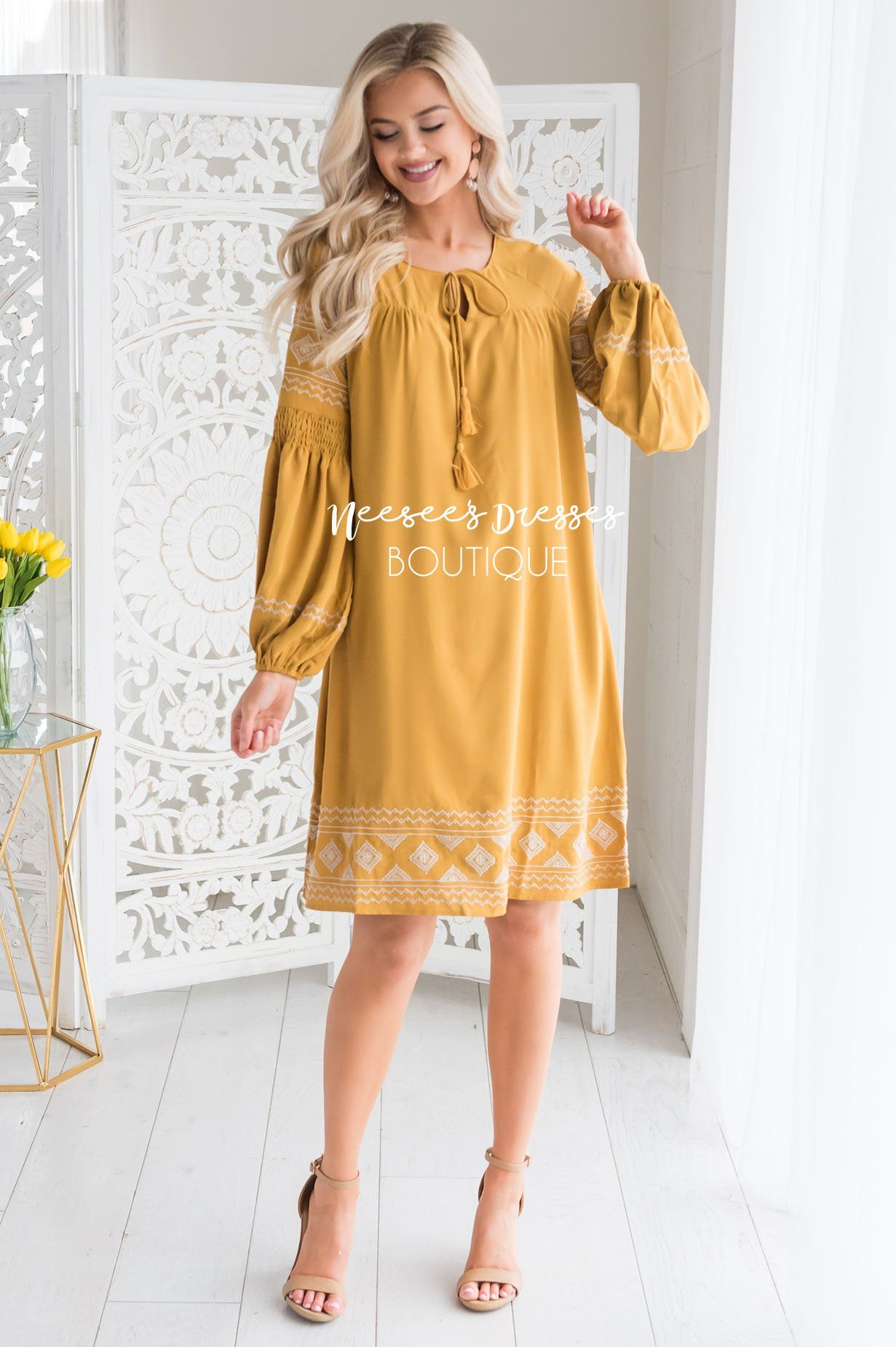 The Allie Boho Embroidered Dress Modest Dresses vendor-unknown 