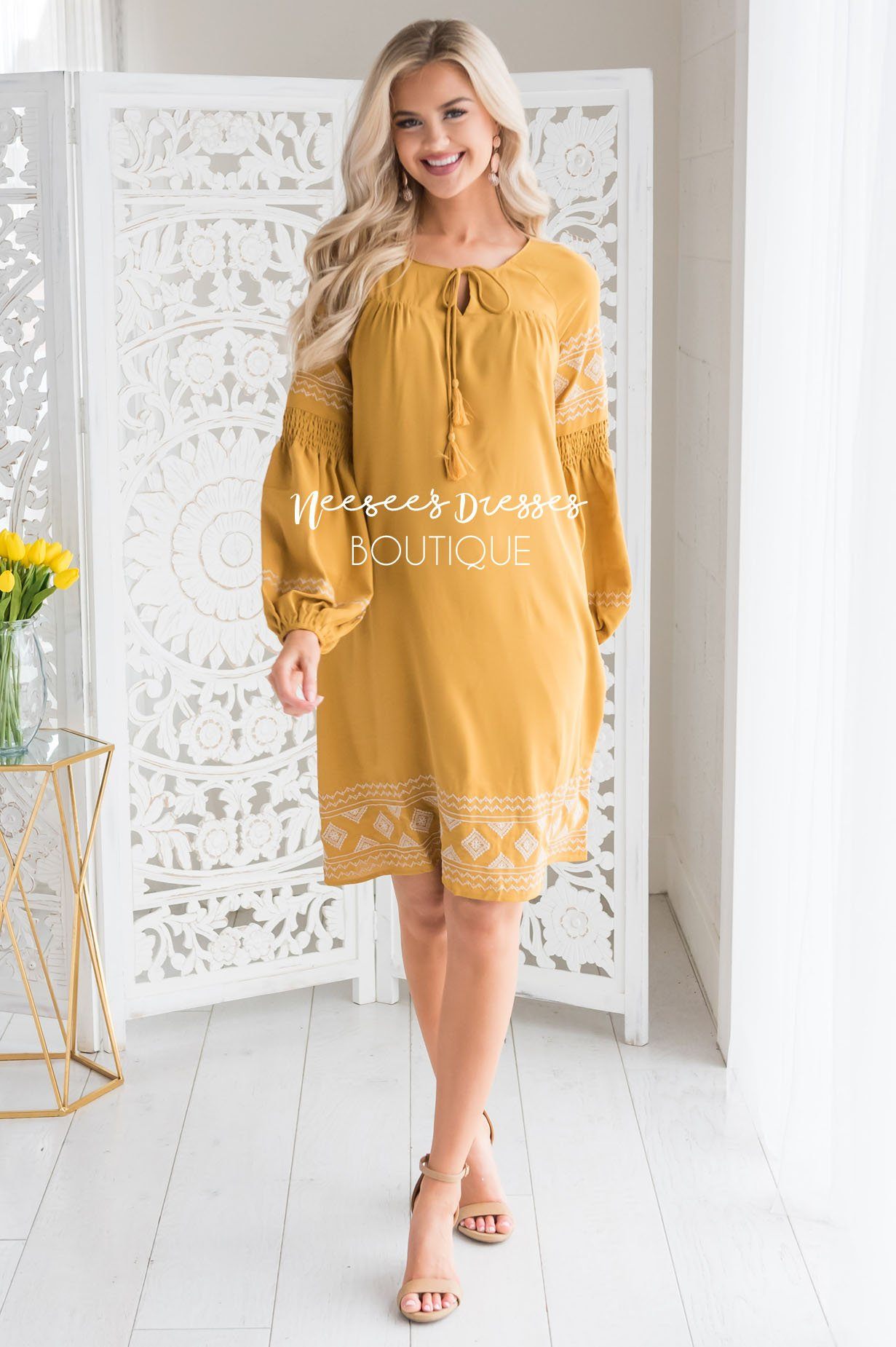 The Allie Boho Embroidered Dress Modest Dresses vendor-unknown 