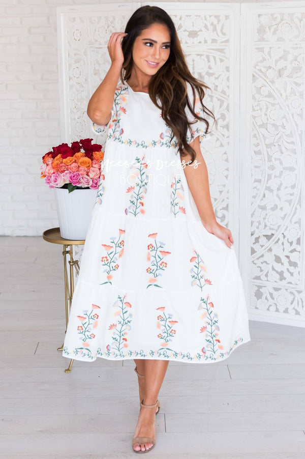 White Embroidered Dress Modest Dress | Best Place To Buy Modest Dress ...