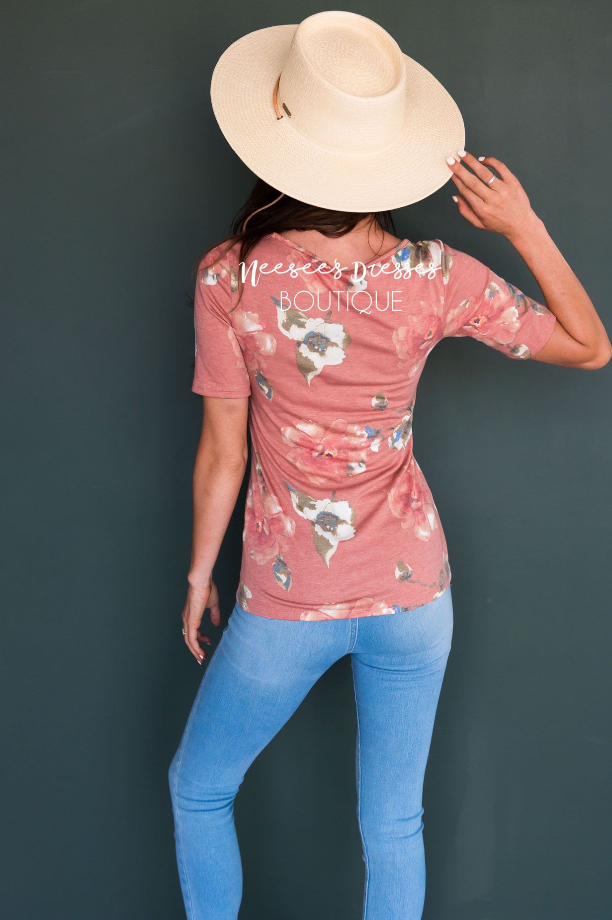 Floral Scoop Neck Tee Tops vendor-unknown 
