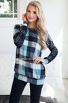 Aqua & Black Plaid Lace Sleeve Sweater Tops vendor-unknown 