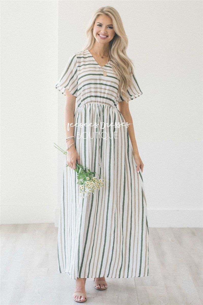 The Cortni Modest Dresses vendor-unknown Ivory, Sandy Taupe & Olive Stripes S 