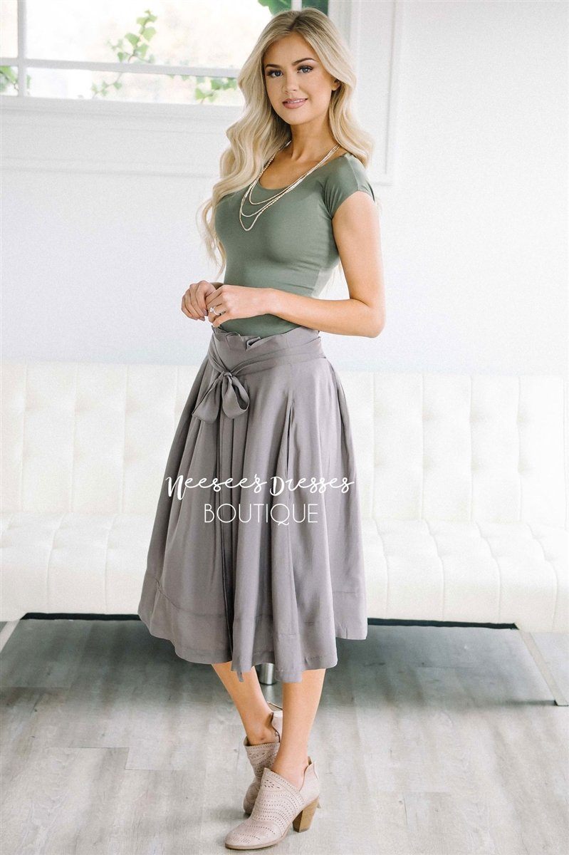 Muted Gray Tie Waist Full Skirt Skirts vendor-unknown 