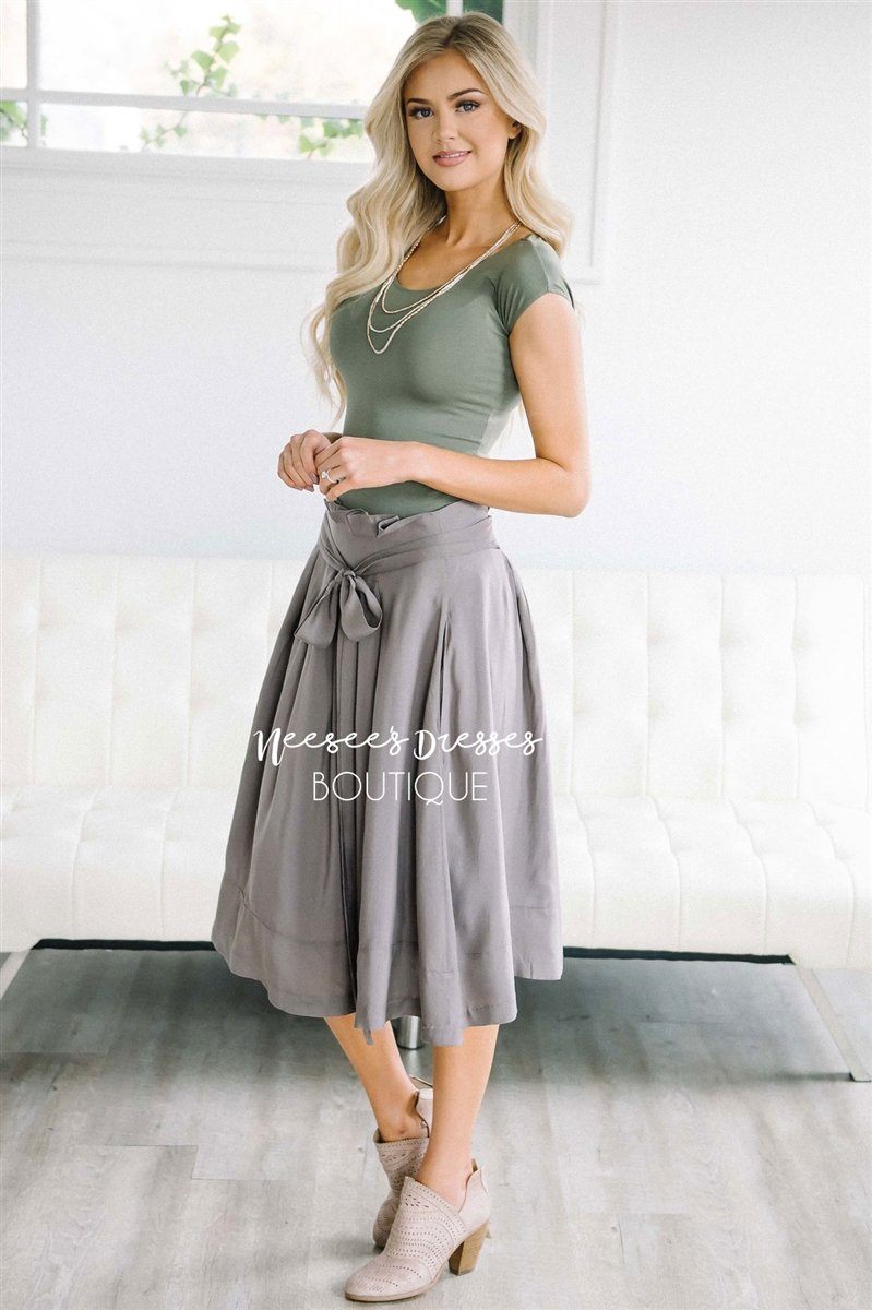 Muted Gray Tie Waist Full Skirt Skirts vendor-unknown S Muted Gray 