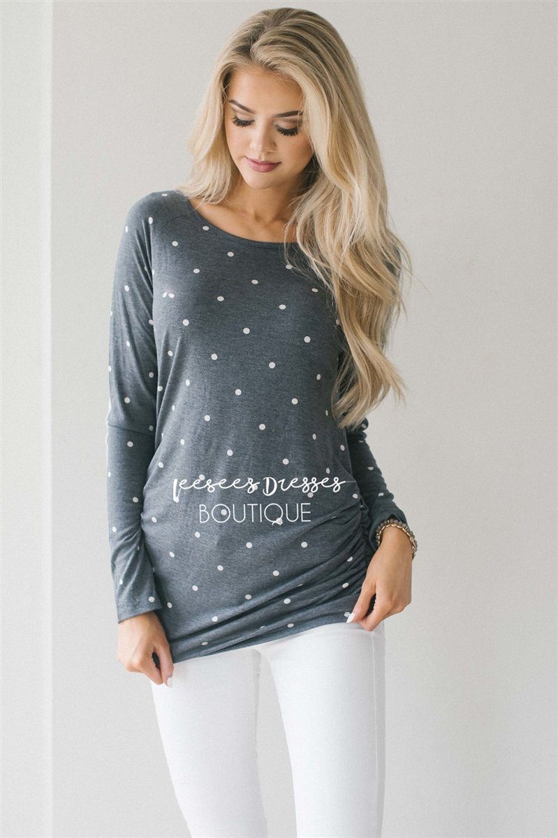 Elbow Patch Polka Dot Side Shirred Top Tops vendor-unknown Charcoal Polka Dot S 