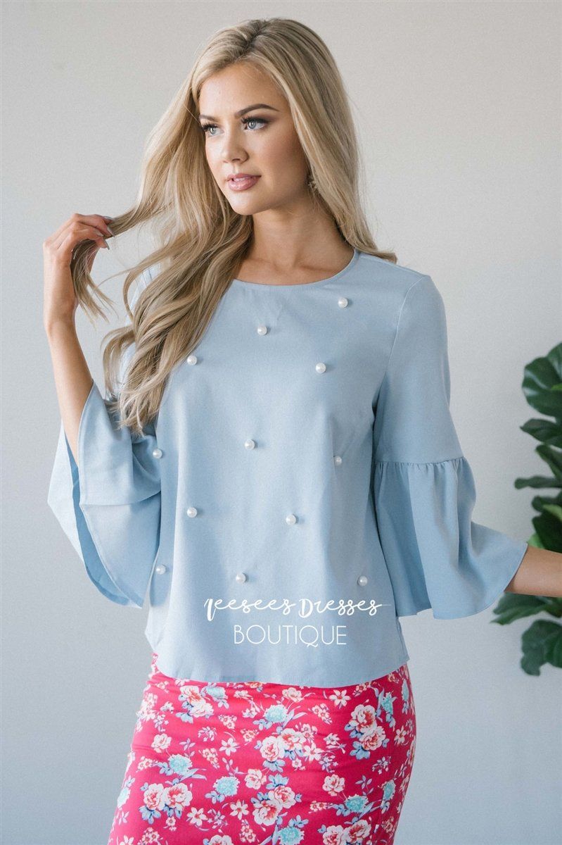 Pearl Front Bell Sleeve Blouse Tops vendor-unknown S Dusty Blue 