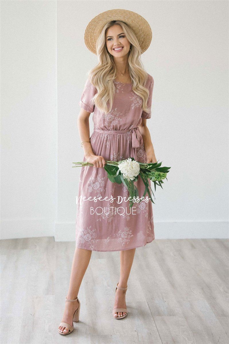 The Miriam Modest Dresses vendor-unknown S Rose Mauve & Faded White Floral 