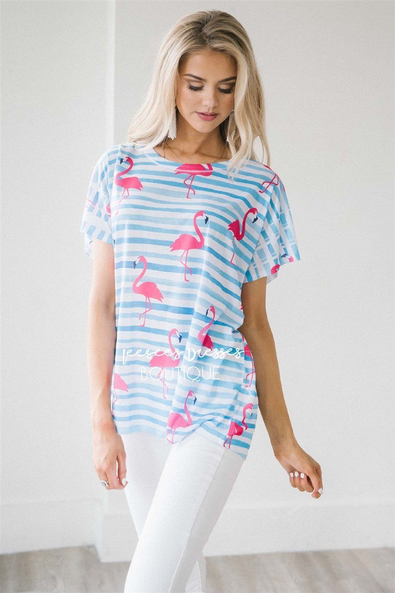 Flamingo Print Striped Top Tops vendor-unknown S Sky Blue & White Stripes with Bright Pink Flamingo Print 