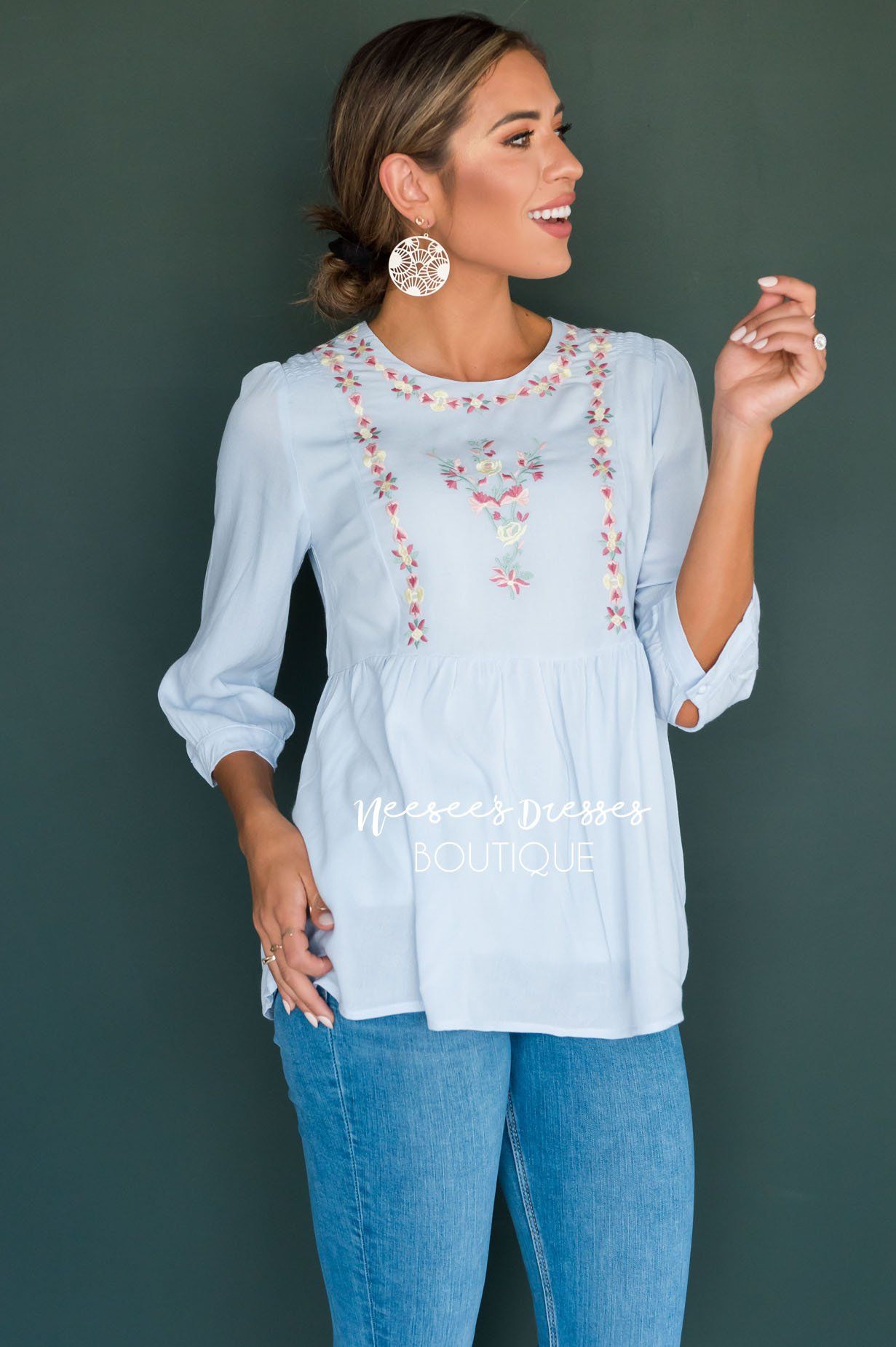 Spring Is In The Air Embroidered Blouse Modest Dresses vendor-unknown 