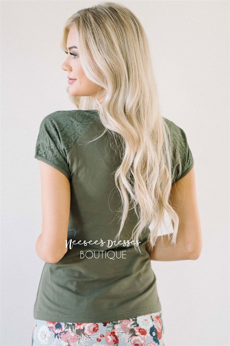 Olive Lace Sleeve Top Tops vendor-unknown 