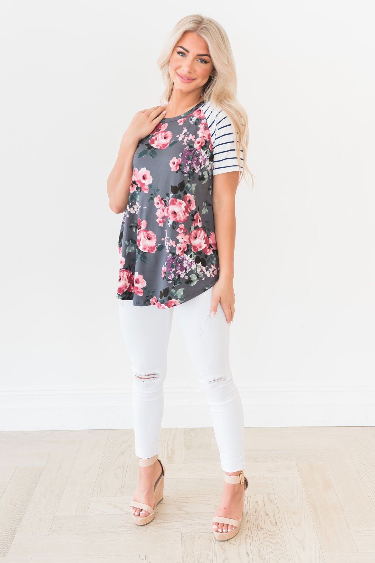 Floral & Stripes Baseball Sleeve Top Modest Dresses vendor-unknown 