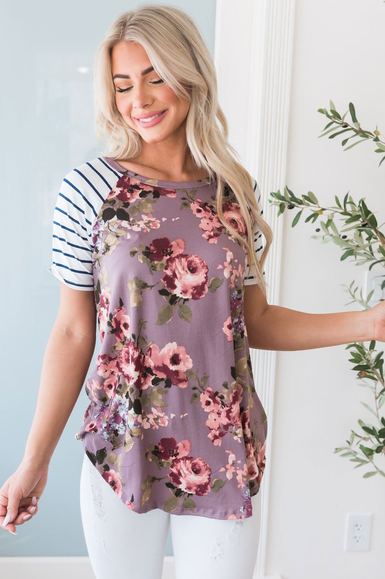 Floral & Stripes Baseball Sleeve Top Modest Dresses vendor-unknown 