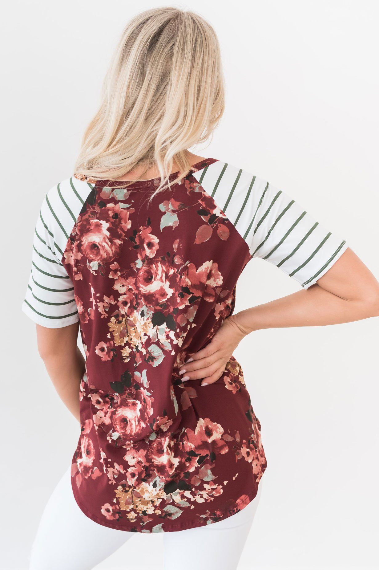 Floral & Stripes Baseball Sleeve Top Modest Dresses vendor-unknown 