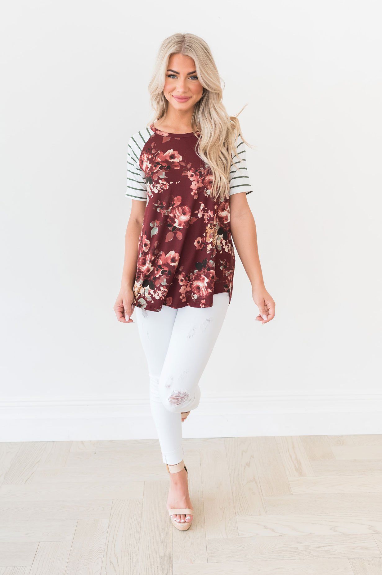 Floral & Stripes Baseball Sleeve Top Modest Dresses vendor-unknown 